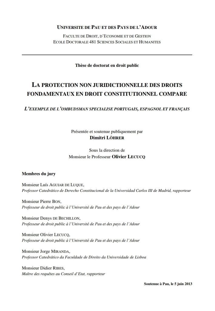 LA PROTECTION NON JURIDICTIONNELLE DES DROIT SFONDAMENTAUX EN DROIT CONSTITUTIONNEL COMPARE 13