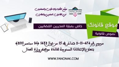 خاص بمبارة المحررين القضائيين - مرسوم رقم 474-11-2 صادر في 15 من شوال 1432 (14 سبتمبر 2011) يتعلق بالإعانات الممنوحة لفائدة موظفي وزارة العدل