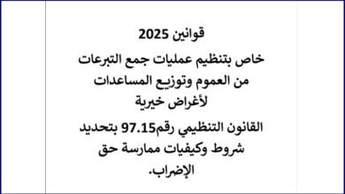 قوانين 2025 خاص بتنظيم عمليات جمع التبرعات من العموم وتوزيع المساعدات لأغراض خيرية تحديد شروط وكيفيات ممارسة حق الإضراب PDF